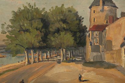 null Rex BARRAT (1914-1974).
Nevers, the street of the shore, the quay.
Oil on panel,...