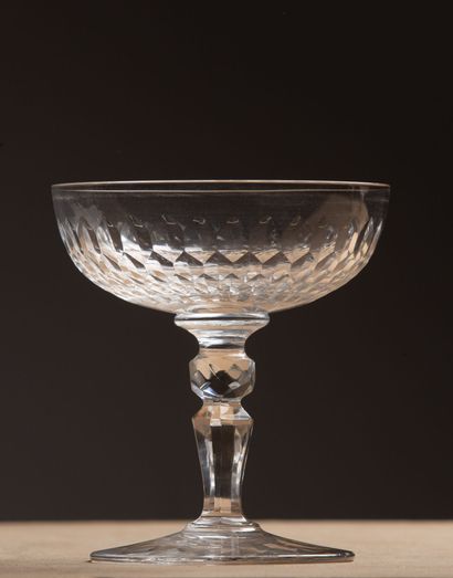 null Suite de neuf coupes à champagne en cristal.
XIXème siècle.
H_10,5 cm D_9,6...