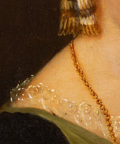 null École française du XIXème siècle.
Portrait de femme au collier doré.
Huile sur...