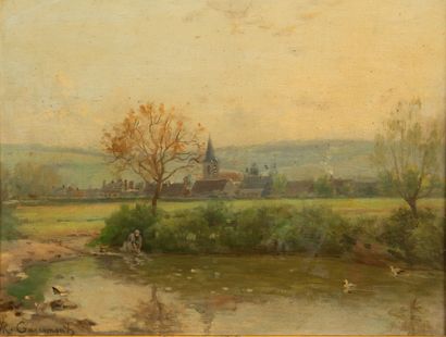 null Alfred GARCEMENT (1842-1927).
Lavandière devant un village nivernais.
Huile...