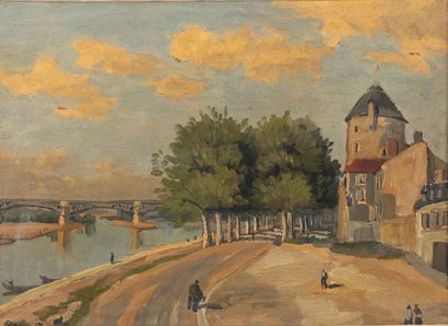 null Rex BARRAT (1914-1974).
Nevers, the street of the shore, the quay.
Oil on panel,...
