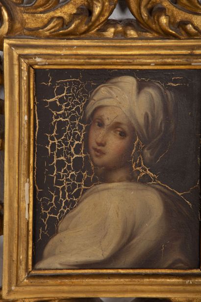 null Guido RENI (1575-1642), d'après.
Portrait de Béatrice Senci.
Huile sur panneau.
H_19...