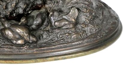 null Auguste Nicolas CAIN (1821-1894).
Basket of chickens.
Bronze group with brown...