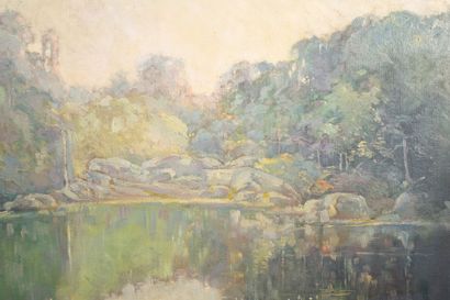 null G. POISSON (?), 1919.
L'étang.
Importante huile sur toile, signée en bas à gauche...