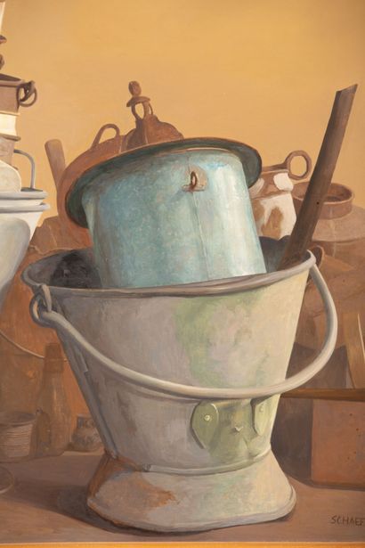null Jean-claude SCHAEFFER (born in 1942).
Still life with pots.
Oil on canvas signed...