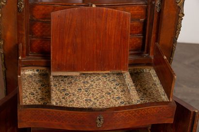 null Lady's secretary in marquetry and wood veneer decorated with flowers and rhombuses,...