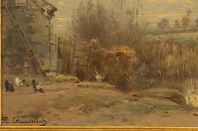 null Alfred GARCEMENT (1842-1927).
Chickens at the edge of the pond.
Oil on canvas...