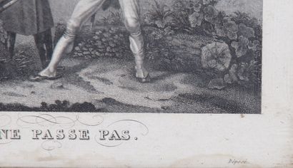 null One does not pass / After you Sire.
Pair of black engravings with Napoleonic...