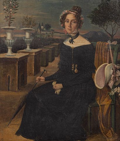 null Ecole française vers 1830, 
Portrait de femme dans un parc, 
Huile sur toile,...