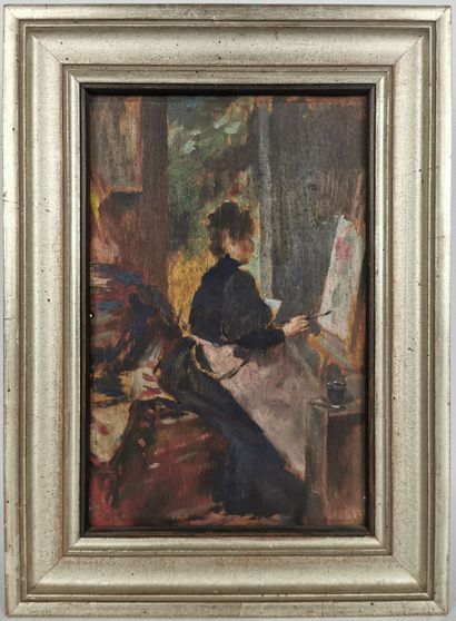 null French school of the beginning of the XXth century.
Woman artist, in her studio.
Oil...