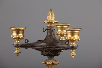 null Pair of large candelabras in brown patina bronze and gilt bronze.
Restoration...