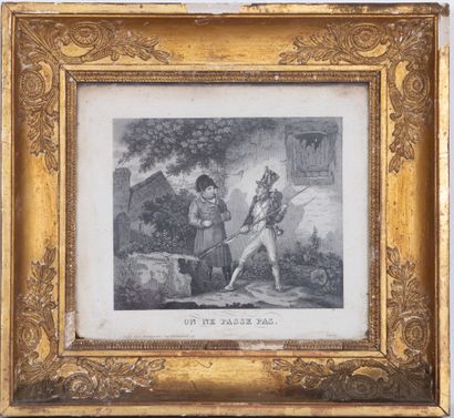 null One does not pass / After you Sire.
Pair of black engravings with Napoleonic...