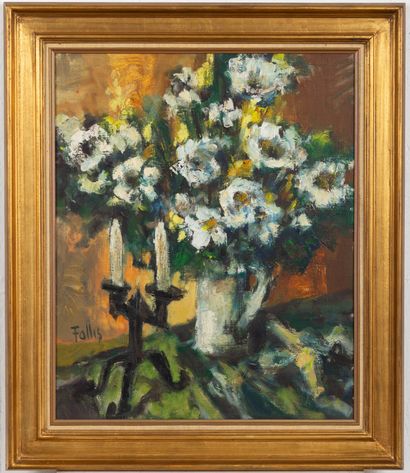 Bernard FOLLIS (1934-2016).
Bouquet et candélabre.
Huile...