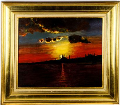 null Lucien ROSENGART (1881-1976).
Coucher de soleil sur Istanbul.
Huile sur toile,...