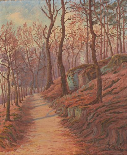 null Jeanne REIMBOLTE (1872-1943).
Le chemin dans les bois.
Huile sur toile, signée...