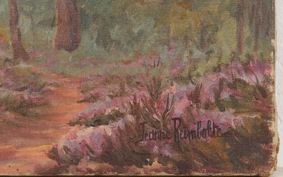 null Jeanne REIMBOLTE (1872-1943).
Les bruyères en sous-bois. 
Huile sur toile, signée...