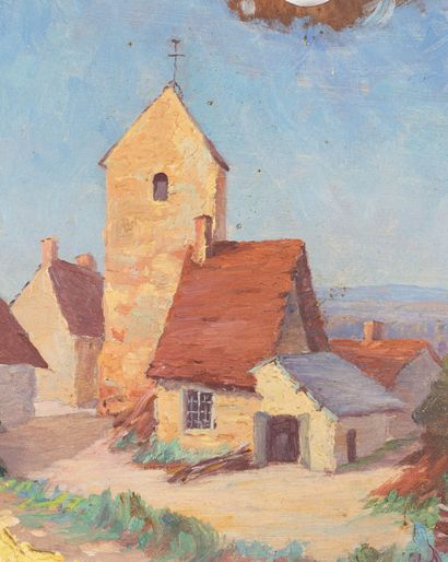 null Jeanne REIMBOLTE (1872-1943).
L'église.
Huile sur panneau, peint sur une palette...