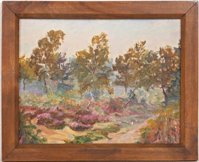 null Jeanne REIMBOLTE (1872-1943).
La forêt aux bruyères.
Huile sur carton, datée...