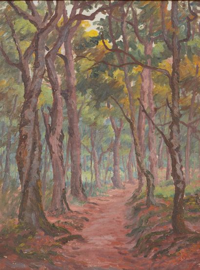 null Jeanne REIMBOLTE (1872-1943).
Chemin dans la forêt.
Huile sur carton, non signée.
H_41...