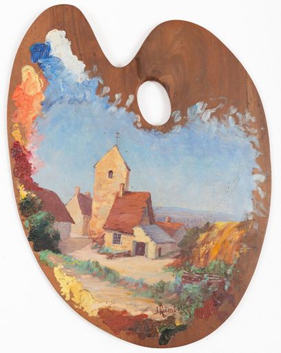 null Jeanne REIMBOLTE (1872-1943).
L'église.
Huile sur panneau, peint sur une palette...