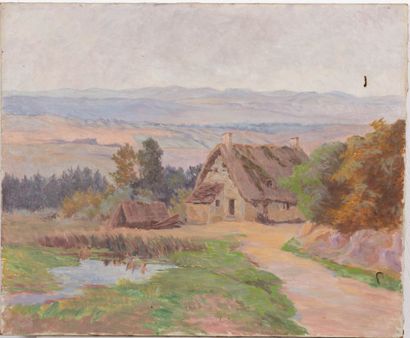 null Jeanne REIMBOLTE (1872-1943).
La chaumière aux environs de Saint Honoré.
Huile...
