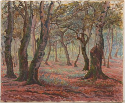 null Jeanne REIMBOLTE (1872-1943).
Le sous-bois à l'automne.
Huile sur toile, signée...