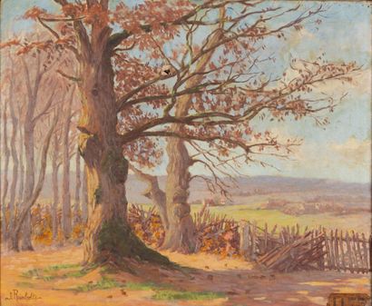 null Jeanne REIMBOLTE (1872-1943).
Lisière de forêt en Morvan.
Huile sur toile, signée...