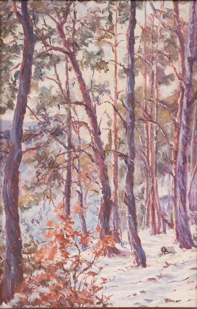 null Jeanne REIMBOLTE (1872-1943).
Neige en forêt.
Huile sur carton, non signée.
H_23,5...
