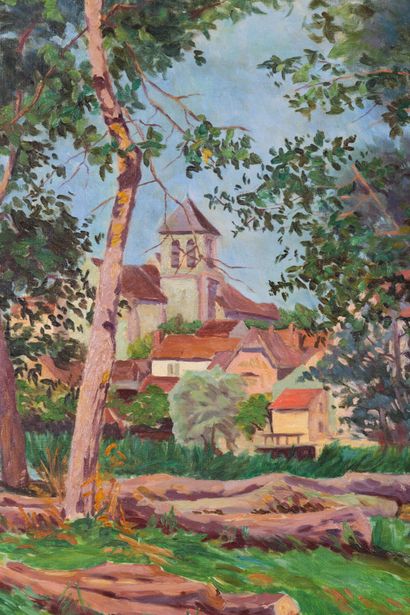 null Jeanne REIMBOLTE (1872-1943).
Montigny-sur-Loing, l'église.
Huile sur toile,...