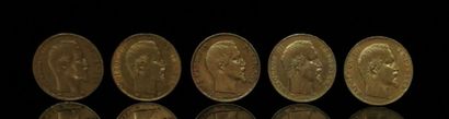 Cinq pièces de 20 francs or Napoléon III.
De...