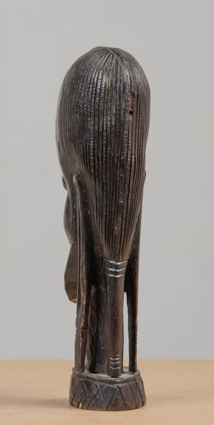 null Tête sculptée en bois noirci figurant une tête de massaï barbu.
H_24.5 cm, ...