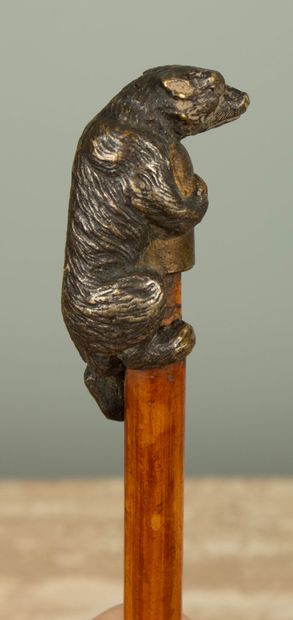 null Bronze cane knob featuring a climbing bear.
Late 19th century.
H_8 cm. 
H(total)...