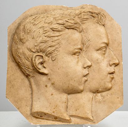 null Eugène BERTOZZI (Reims, 1826-1905).
Two young men in profile. 
Plaster, signed...