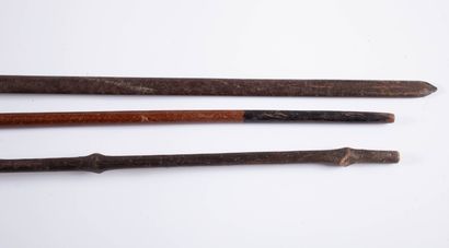 null Three canes, two in wood with head-carved knob and one in iron with wooden knob.
L_...