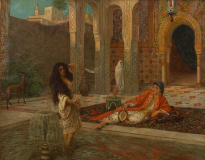null Orientalist school of the 19th century. 
Interior of a Moroccan palace in Tangier.
Oil...