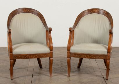 null Pair of gondola armchairs in rosewood and light wood marquetry.
Charles X period.
H_82...