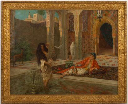 null Orientalist school of the 19th century. 
Interior of a Moroccan palace in Tangier.
Oil...