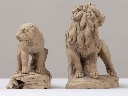 null French school of the 18th century.
Lion and lioness.
Pair of terracotta sculptures.
H_15...