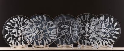 null LALIQUE France.
Suite of five plates in pressed molded glass, "Gui" model.
D_22,7...