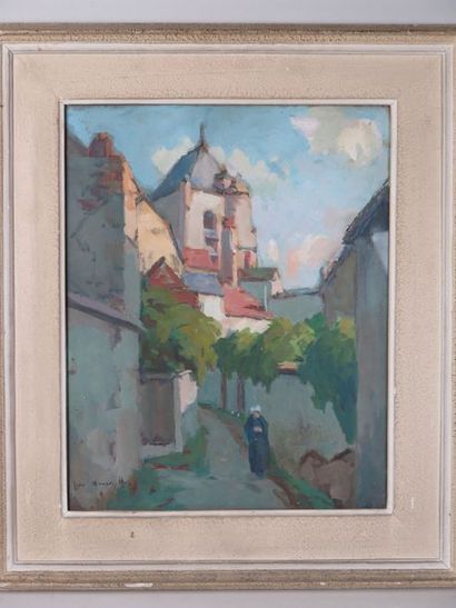 Jean ARNAVIELLE (1881-1961) Religieuse dans une ruelle près d'une église Gouache,...
