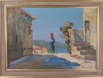 Joseph PAVIS D'ESCURAC (1882-1946) Femme portant une jarre, dans une ville méditerranéenne...