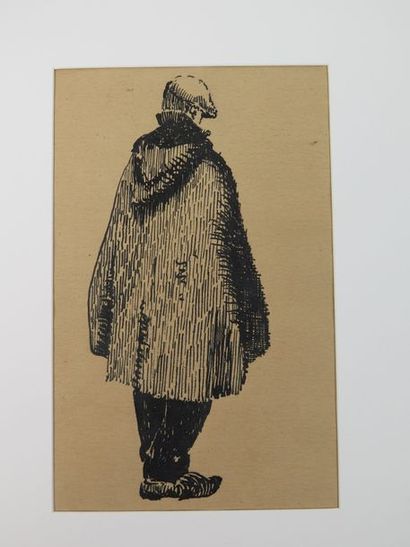 Fernand CHALANDRE (1879-1924) Paysan de dos Dessin à l'encre noire, sur papier brun...