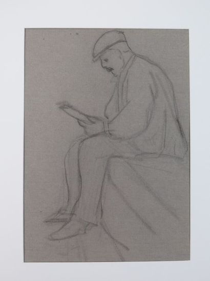 Fernand CHALANDRE (1879-1924) Homme lisant Dessin au crayon sur papier gris 21 x...