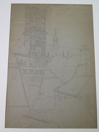 Georges TARDY (1885-1980) La cathédrale vue des toîts Dessin au crayon 45 x 31 c...
