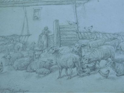 Charles CERAMANO (1829-1909) Bergerie à Barbizon, 17 mars 1909
Moutons à la mare,...