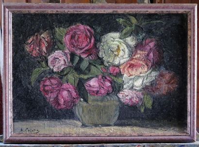 Arduino COLATO (1880-1954) Bouquet de roses, sur un entablement
H_38,5 cms L_55,5...