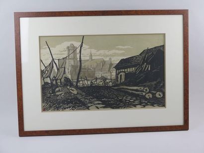 Fernand CHALANDRE (1879-1924) Les lavandières en bords de Loire
Gravure sur bois
28,8...