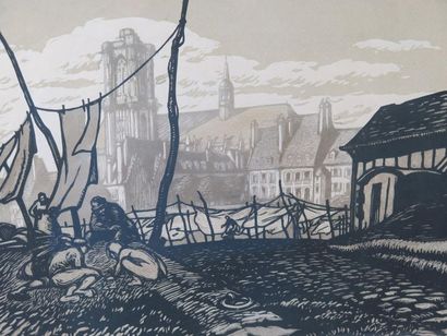 Fernand CHALANDRE (1879-1924) Les lavandières en bords de Loire
Gravure sur bois
28,8...
