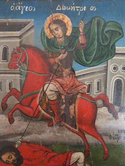 null GRECE Saint Demetrios de Thessalonique monté sur un cheval rouge et tuant un...