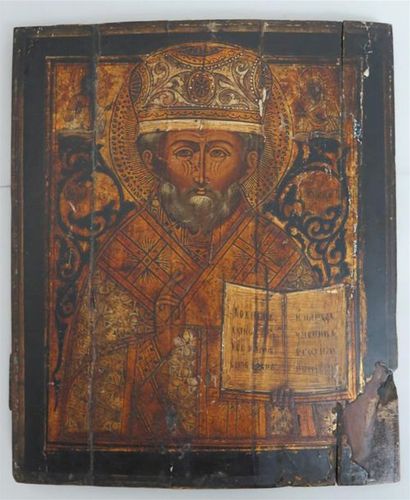 null RUSSIE Saint Nicolas tenant les Saintes Ecritures, en brun et ivoire Icône,...